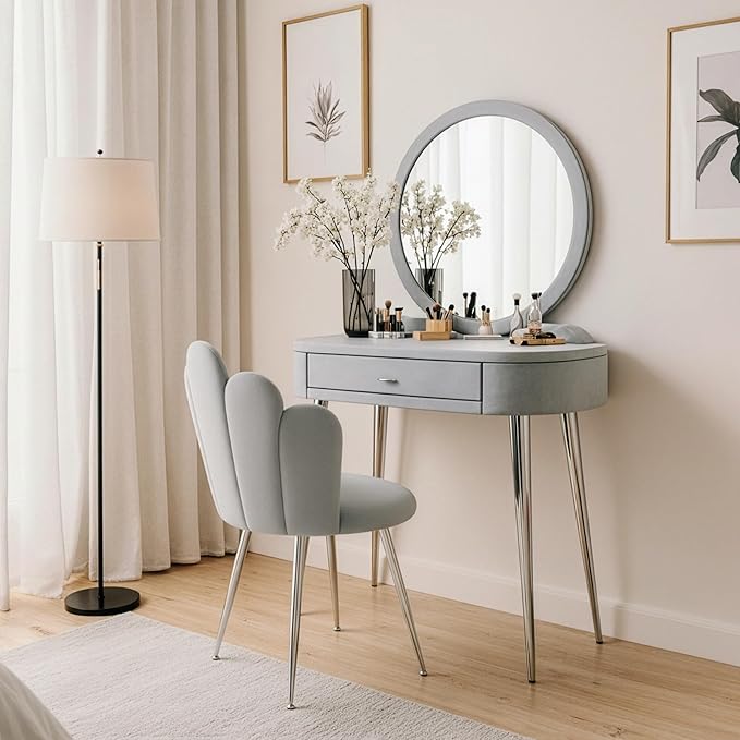 Vanity Chair for Makeup Room - Midcentury Modern Accent Chair for Living Room Bedroom Makeup Chair with Back Support Velvet Chair with Metal Legs (Light Grey)