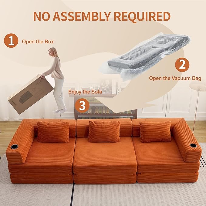 118 Oversized Sectional Couches Convertible Floor Sofa Bed with Cup Holder Boneless Foldable Mattress Cloud Couch with Pillow Back &amp Armrest for Living Room Bedroom Lounge(Corduroy Orange)