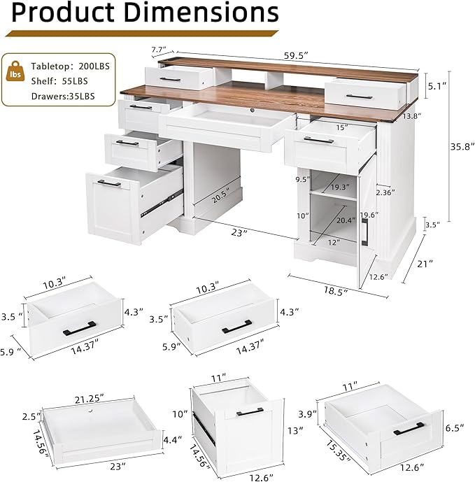 59 Farmhouse Executive Desk with Drawers Wooden Home Office Desk with File Storage Cabinet Computer Writing Desks with Keyboard Tray Charging Station and Monitor Stand for Work (White)