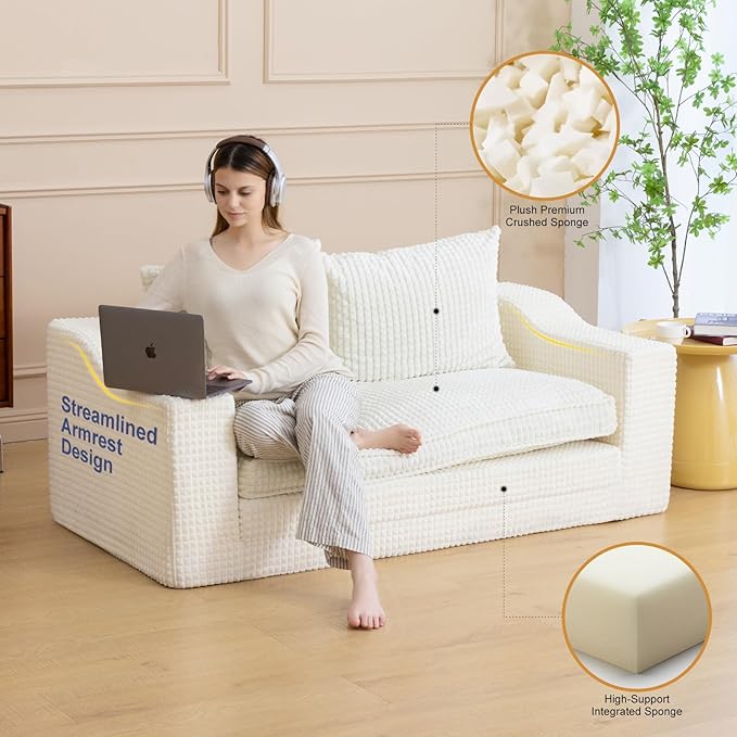 Loveseat Oversized Folding Sofa Bed Convertible Sleeper Chair Bed with Pillows &amp Wide Armrest Comfortable Floor Couch for Living Room &amp Bedroom(White) | Foldable
