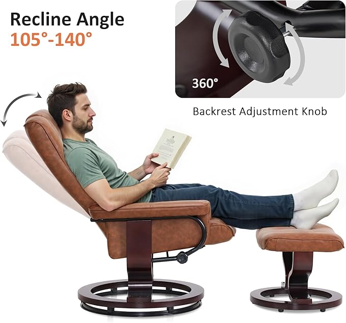 MCombo Manual Swivel Recliner with Ottoman Chair Ottoman Set for RV Small Spaces Living Room Bedroom Office 9019 4919 (Faux Leather Saddle)