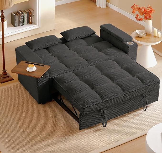 Large Size Convertible Sleeper Sofa BedPolka dot Velvet Pull Out Futon Couch with Storage handrails &amp Rotating Side TablesConvertible Sofa Couch for Living RoomRV