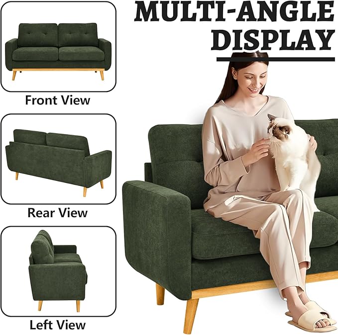 68“ Mid Century Modern Loveseat Sofa for Small Living Room Rraditional 2 Seater Couch for Office Apartment Bedroom Mini|Small|Vintage|Wood Frame|Chenille Fabric|600 LBS|Tufted (Saga Green)