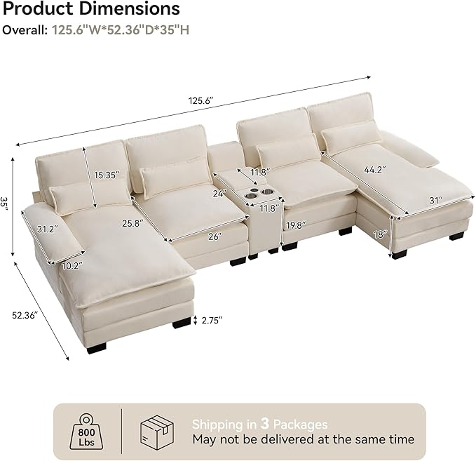 U Shaped Modular Cloud Couch Small Deep Seat Sectional Sofa with Center Storage Console USB Ports &amp Cup Holders Comfy Couches for Living Room Chenille Beige