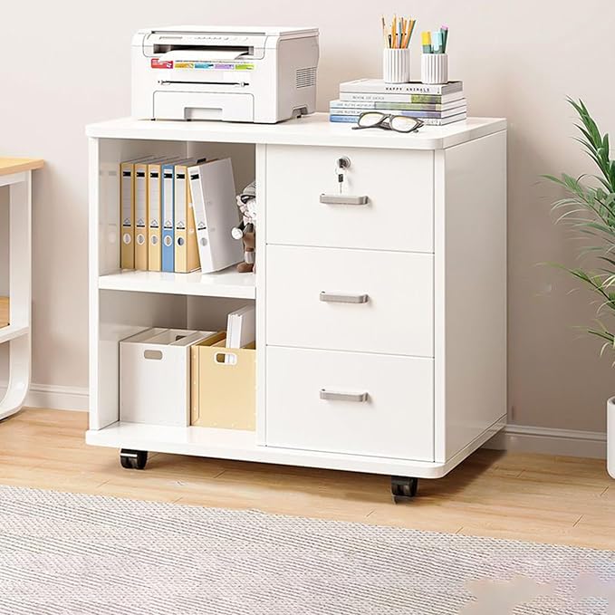 Wood File Cabinet Lateral File Cabinet 3 Drawer File Cabinet with Lock Printer Stand with Storage Mobile Filing Cabinet Home Office Organization Furniture