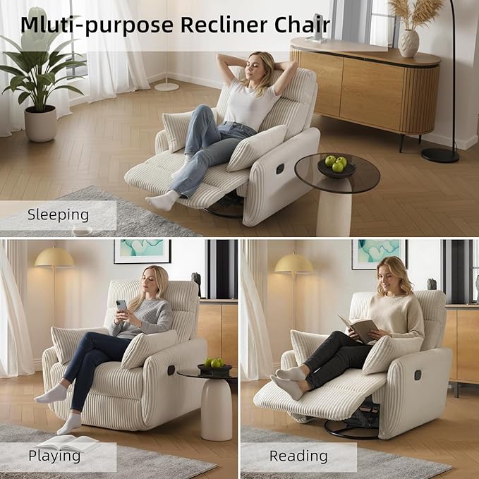 Swivel Recliner Chair for Adults Corduroy Nursery Glider Rocking Chair Armchair with 2 Pillows Comfy High Back Reclining for Small Spaces Nursery Bedroom Living Room (Corduroy Beige 1 Pack)