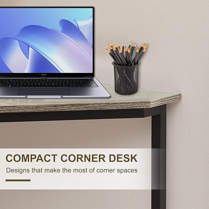 VECELO Corner DeskOffice Tables for Living Room for Small Space Triangle Computer Desk with Steel Frame Corner Shelves with Metal Frame Writing Desk for Workstation Classic Grey 33.1 2 Set