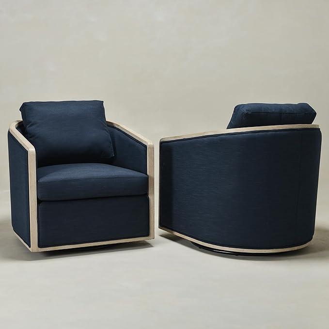 KINWELL Set of 2 Oak Wood Frame Modern Performance Fabric Swivel Barrel Armchair Mid Century Upholstered Accent Sofa Chair with Pillow Back for Living Room Lounge &amp Bedroom Indigo