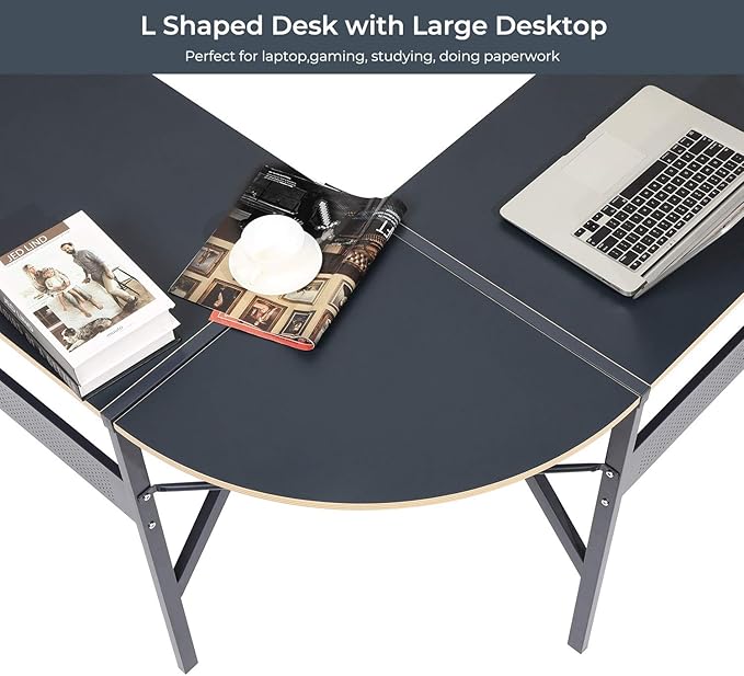 FurnitureR L-Shaped Computer Desk Gaming Table Home Office Corner Desk Writing Study Computer Table with Sturdy Metal Frames for Home Office Saves Space Black (49.2 Inch)
