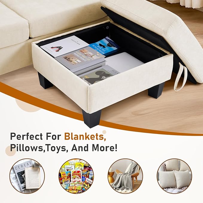 Furnimart Modern Small 3-Seater Sofa Set with Storage Ottoman Compact Couch for Small Space Chenille Fabric Solid Wood Frame Side Pocket &amp Storage Footstool Living Room Apartment(Beige)