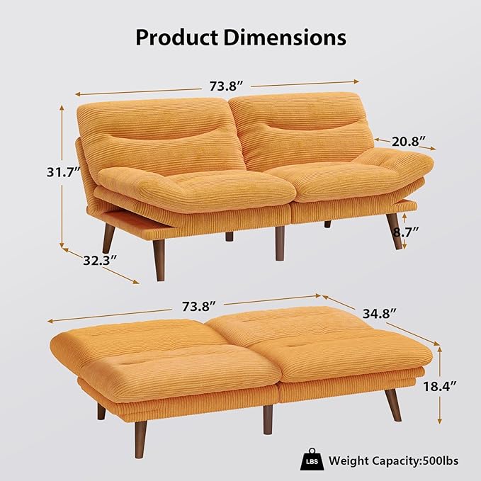 Pipishell Futon Sofa Bed Modern 66 Futon Couch Convertible to Bed &amp Lounger Compact Size Corduroy Loveseat Durable Construction - Fits Small Spaces ApartmentsStudy Room (Yellow 66 Inch) |