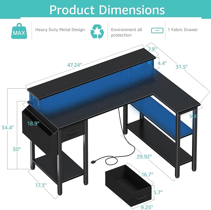 Lufeiya L Shaped Gaming Desk with Fabric Drawers and Storage Shelves 47 inch Home Office Desk with Monitor Stand Computer Desk with LED Lights and Power Outlets Black