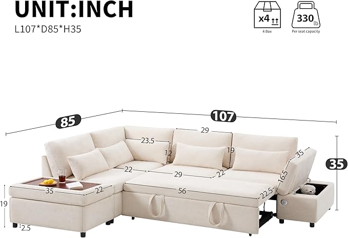 Modular Sectional Sleeper Sofa Bed 107'' Pull Out Bed Sectional Sofa with Free Movement Storage Ottoman L-Shape with Wide Seats Oversized Chenille Sofa for Living Room (Light Khaki+Beige/512)