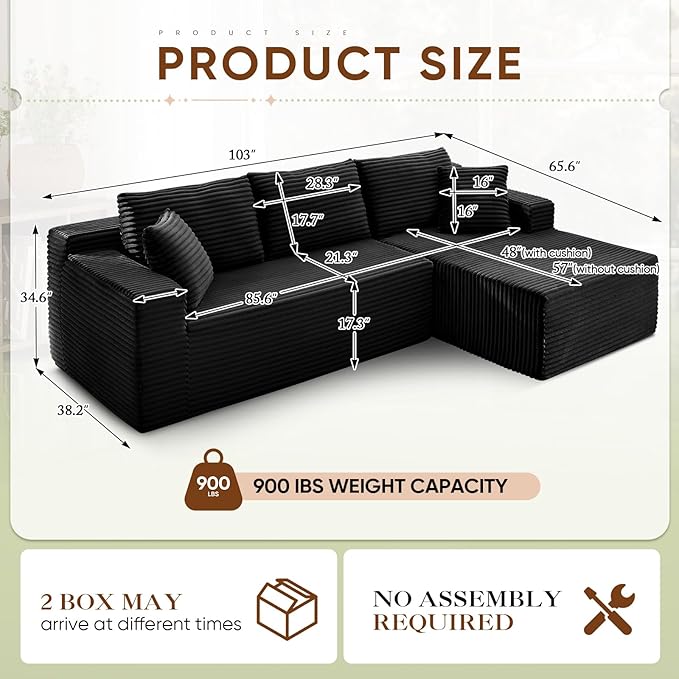 103 Modern L-Shaped Modular Sectional Sofa Comfy Corduroy Deep Seat Oversized Black Cloud Couch Deep Seat Compressed Foam Boneless Couches for Living Room No Assembly (Black Right Facing Chaise)