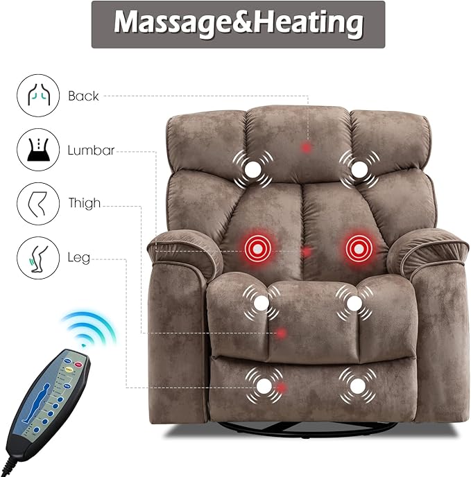 INZOY Oversized Rocker Recliner with Heat and Vibration Manual Swivel Rocking Recliner Chair with Vibrating Massage Comfy Padded Overstuffed Soft Fabric Heated ReclinerCamel
