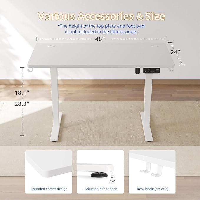 YIHAYO Low Height Adjustable Desk Lifts 18.1-28.3 Inches Electric Standing Desk for Short People 48 x 24 Inches Computer Table with Splice Board for Home Office White