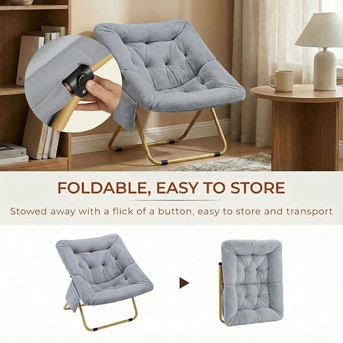 TLSUNNY Comfy Saucer Chair Oversized Foldable Lounge Lazy Chair Soft Faux Fur Reading Chair for Teens Adults Stable Metal Frame Moon Chair for Living Room Bedroom Dorms Office X-Large (Gray)
