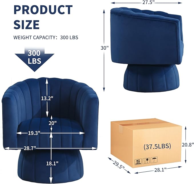 Swivel Accent Barrel Chair Set of 2- Cute Comfy Small Round Arm Chair Velvet Sofa Club Reading Chair for Living Room Bedroom Dark Blue