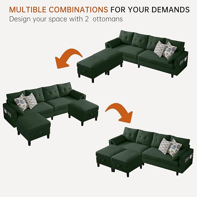 Sectional U Shape Sofa with Storage 100 U Shaped 4 Seater Couch with 2 Movable Ottoman Chaises Polyester Fibre for Living Room Green