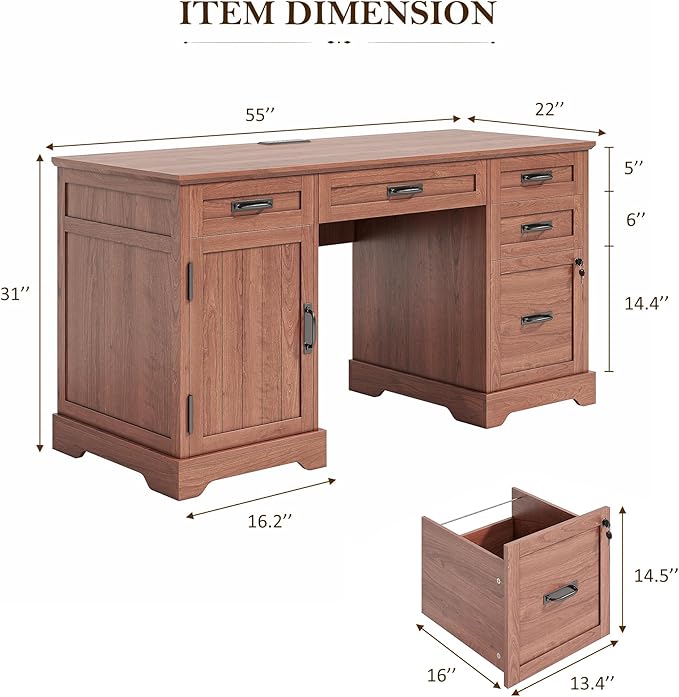 Whalefall 55'' Farmhouse Desk Home Office with Drawers Executive Computer Desk Wooden with File Cabinet and Charging Station Cherry Brown