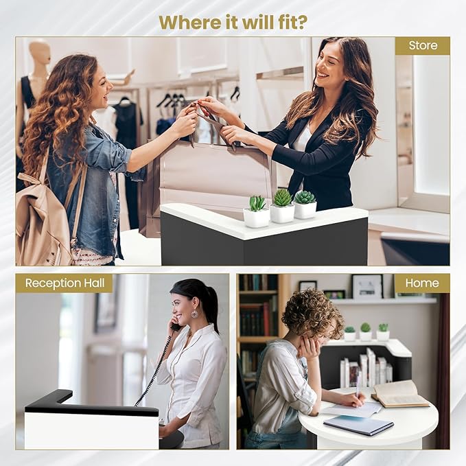 MAT EXPERT Reception Desk Front Desk with Open Shelves Lockable Drawer Round Tabletop Checkout Counter Retail Counter Computer Workstation for Office (Black Cabinet &amp White Desktop)