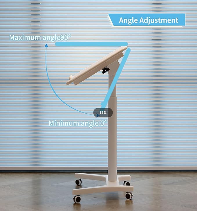 Soild Wood Mobile Folding Standing DeskHeight Adjustable Rolling Laptop TableSpace-Saving Portable Sit-Stand Desk 90° Tiltable Desktop PC Table with Wheels Home Office and Bedroom