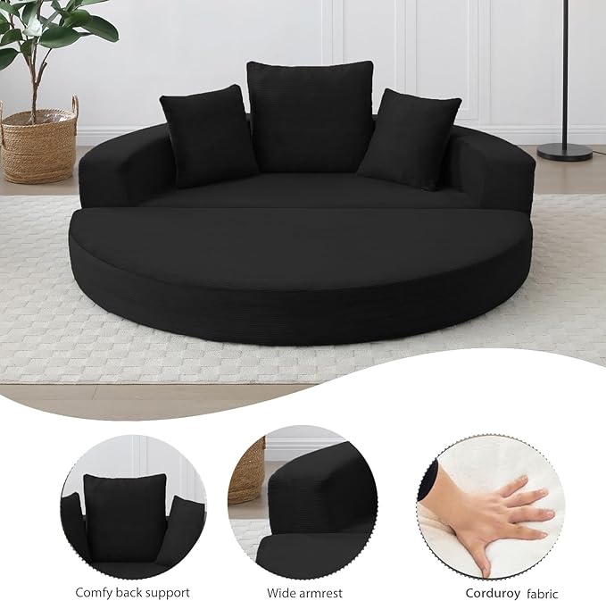 67 Round Convertible Folding Sofa Bed Boneless Couch Loveseat Floor Sleeper Chaise Lounge for Living Room Apartment Dorm Small Spaces Black