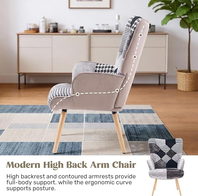 Joysoul Living Room Accent Chair Modern High Back Arm Chair Houndstooth Pattern Bohemian Style Chairs for Bedroom Waiting Room