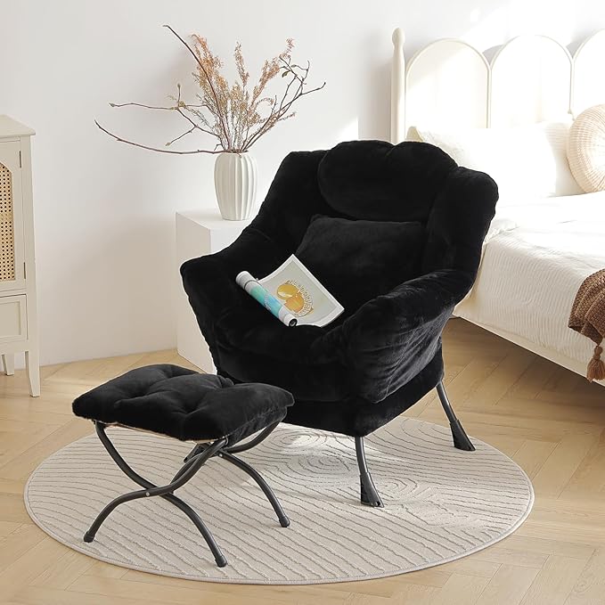 Lazy Chair with Ottoman Large Black Accent Chair with Ottoman and FA Throw Pillow Comfy Plush Reading Chair for Living Room Bedroom Dorm Room Office Apartment Relaxing Use