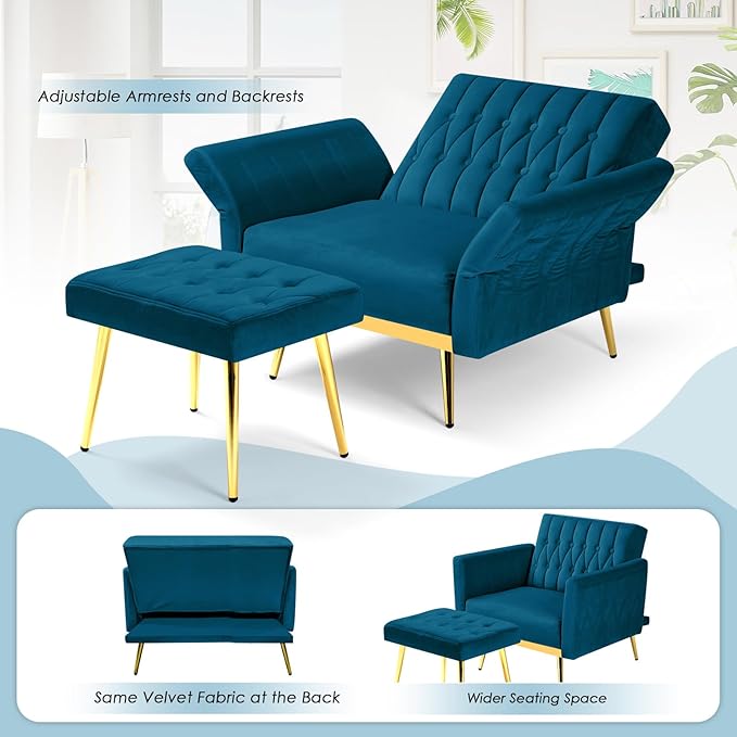 Velvet Accent Chair with Adjustable Backrest and Armrests Single Recliner Armchair with Ottoman and Golden Mental Legs for Living Room Bedroom and Waiting Room Teal