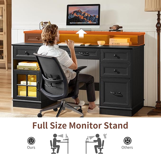 Farmhouse Executive Desk with Drawers Computer Desk with File Drawers Power Outlet and Led Lights Executive Office Desk with Storage Cabinet and Monitor Shelf for Home Office Black