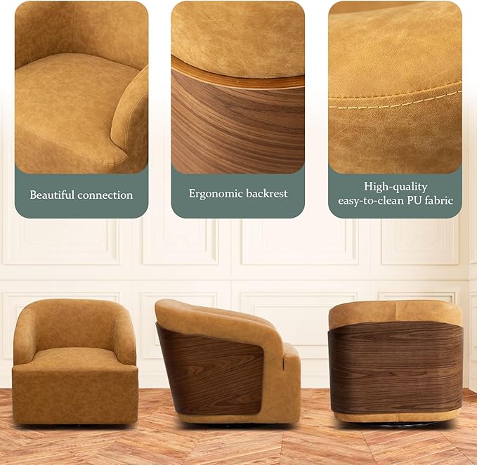 Swivel Accent Chair Faux Leather Swivel Barrel Chair Comfortable Mid Century Modern Chair Upholstered Metal Base Armchair for Living Room Bedroom Office Large Vintage Yellow