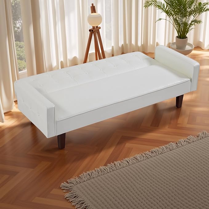 74 Modern Futon Couch Futon Sofa Bed Mid Century Sofa Bed Loveseat Couches for Small Spaces Living Room Bedroom (Faux Leather White)