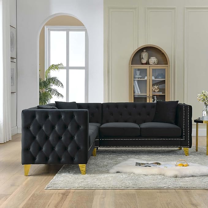 Antetek L Shaped Couches for Living Room Modern Button Tufted Velvet Sofa Couch with Square Armrests Inlaid with Gold Nail Heads Upholstered Corner Sofas for Living Room Office Apartment Black