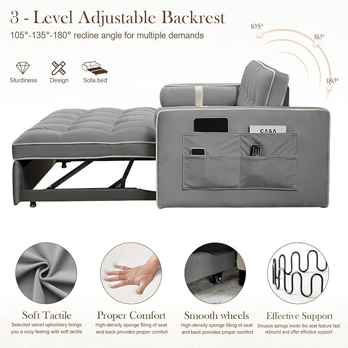 Pull Out Sofa Bed 55.5 Loveseat Sleeper Sofa Bed with Side Pocket Storage Adjustable Backrest and Waist Pillow Suitable for Small Space Living Room Bedroom Office(Grey)