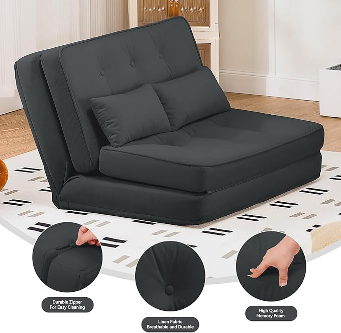 COMHOMA Folding Sofa BedConvertible Sleeper Chair with PillowsFold Out Chair Bed&ampFabric Floor CouchFoldable Mattress with Adjustable Backrest for Living RoomGuest RoomDorm (Black)
