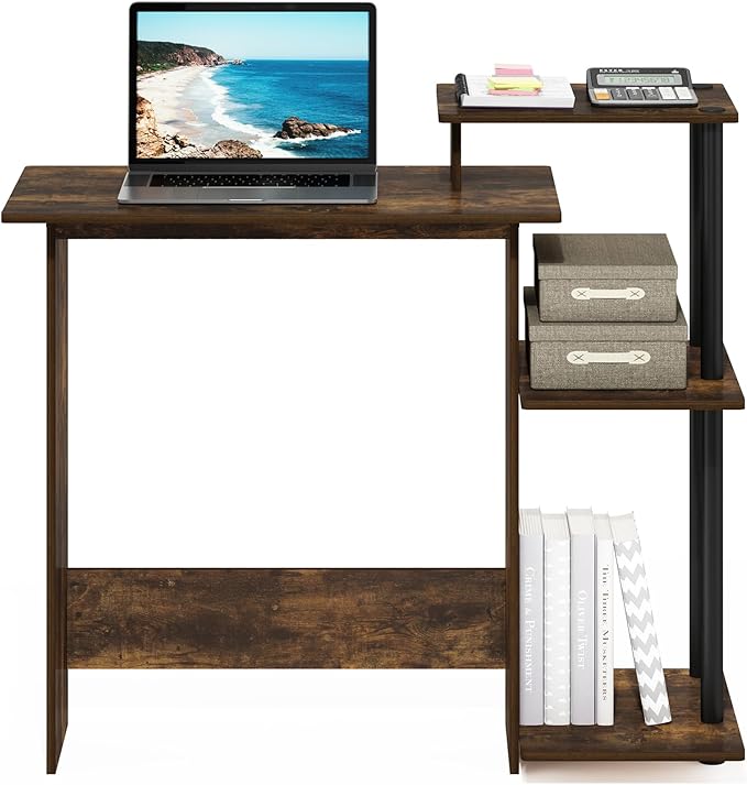 Furinno EFFICIENT Desk 28.6 Wide Gaming Desk with 3 Open Side Shelves Laptop Notebook Computer Desk Office Desk for Home Office Study Room Dorm Bedroom Amber Pine