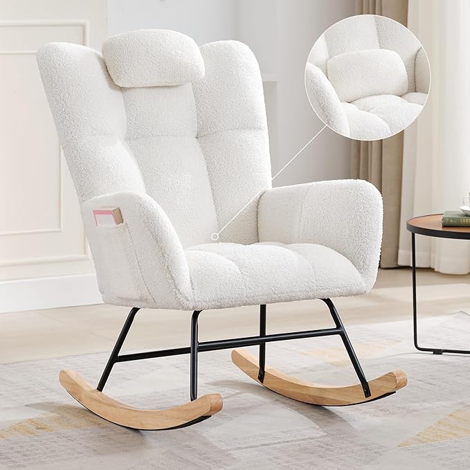 Nursery Rocking Chair Upholstered Padded Seat Rocking Chair with High BackrestModern Accent Recliner for Living Room Bedroom Cozy Reading