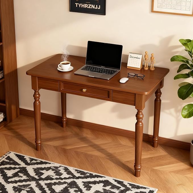 Farmhouse French Country Writing Desk with Drawers – Solid Wood Computer Desk for Home Office Bedroom &amp Study Workspace Compact Rustic Wood Table (Walnut Color 31 * 30 * 24in)