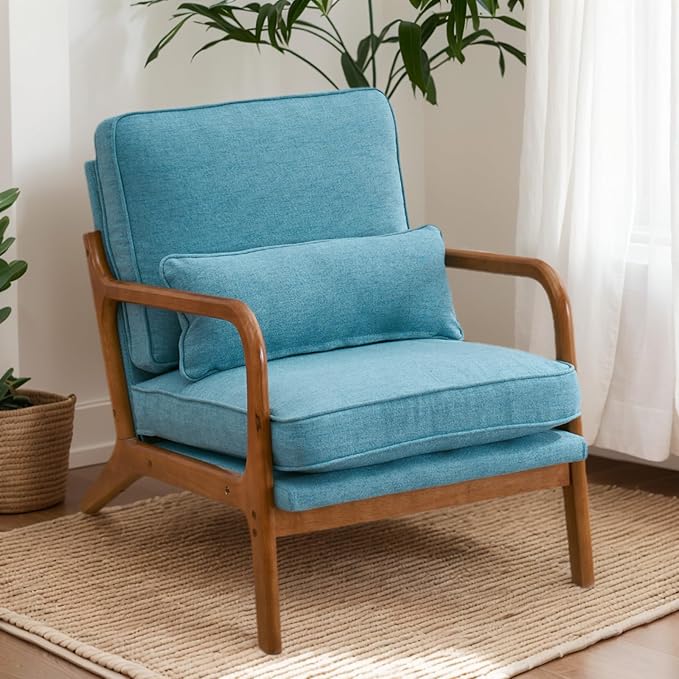 Karl home Accent Chair Mid-Century Modern Chair with Pillow Linen Fabric Upholstered Lounge Arm Chair with Solid Wood Frame &amp Soft Cushion for Living Room Bedroom Balcony Teal