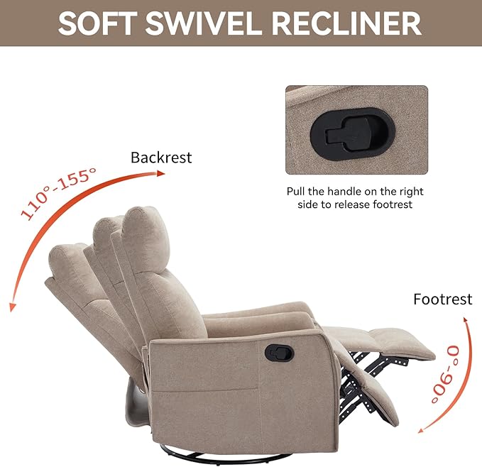 360°Swivel in Fabric Reclining ChairsHeat Massage Manual Recliner ChairSmall Recliners SpacesSingle Lazyboy Recliner Sofa for Living RoomRVBedroomKhaki