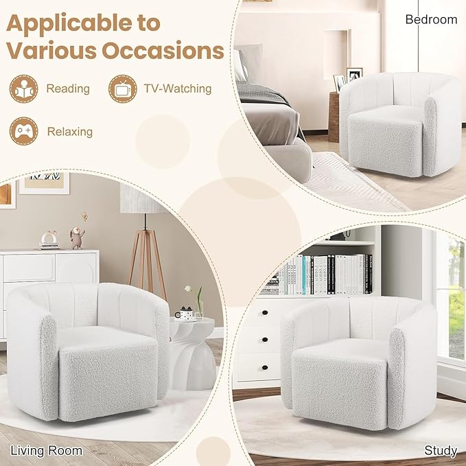 KOMFOTT Swivel Barrel Chair Sherpa Fabric Accent Chair with Curved Backrest &amp Armrests Upholstered Armchair with Wide Seat Pumpkin Shaped Single Sofa Chair for Living Room Bedroom White