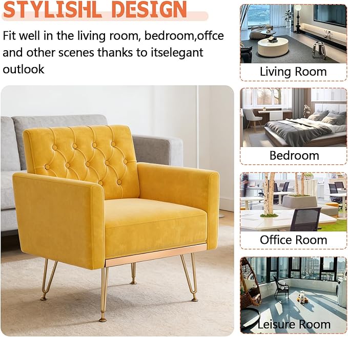 Yellow Accent Chair for Living RoomBedroom | Mid Century Modern Velvet Armchair with Leg and Tufted BackComfy Small Single Reading Chair (Yellow)