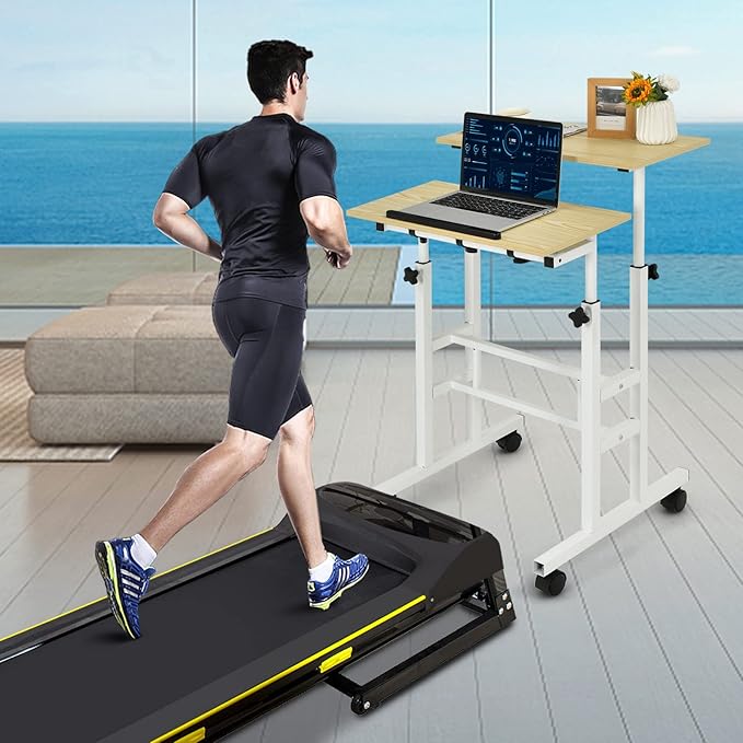 COSTWAY Mobile Standing Desk Height Adjustable Rolling Laptop Cart w/Tilting Desktop for Standing or Sitting Lockable Casters Home Office Computer Workstation for Small Spaces (Natural)