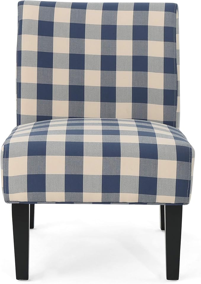 Christopher Knight Home Kendal Accent Chair Upholstered Farmhouse-Style Blue Checkerboard Matte Black Rubberwood Legs 29.2D x 22.5W x 32H in