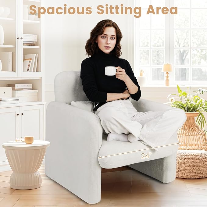 KOMFOTT Chenille Accent Chair Set of 2 Modern Upholstered Armchair with Removable Lumbar Pillow Widened Backrest &amp Thick Seat Cushion Comfy Single Sofa Chair for Living Room Bedroom White