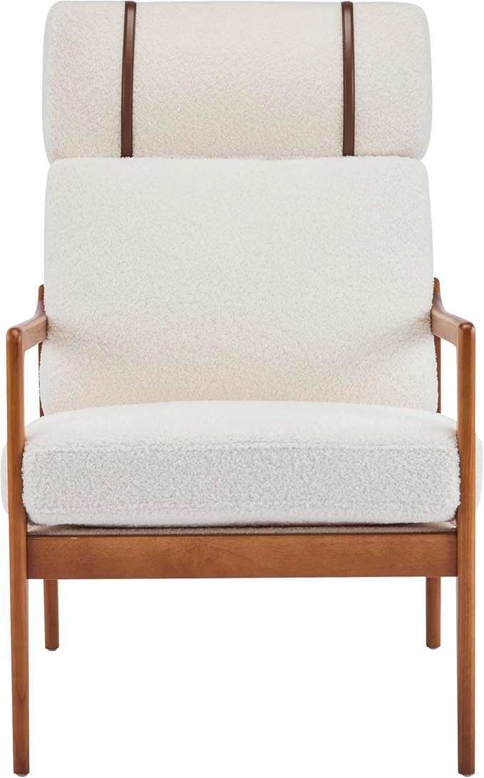 Christopher Knight Home Nadine Wooden Club Chair Upholstered Accent Chair Cushions Support Armchair Comfy Lounge Single Reading Sofa Solid Wood Frame Armchair for Living Room Home Ivory+Teak