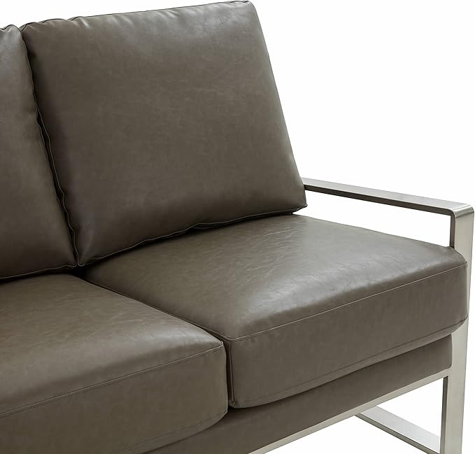 LeisureMod Jefferson Modern Leather 3-Seater Sofa with Silver Frame – Luxury Contemporary Living Room Couch Plush Upholstered Mid-Century Style Comfortable Lounge Seating (Grey) | MODERN SLED BASE