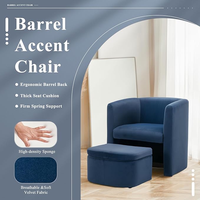 Modern Velvet Barrel Accent Chair with Storage Ottoman Space-Saving Armchair for Apartment Living/Study Room Blue