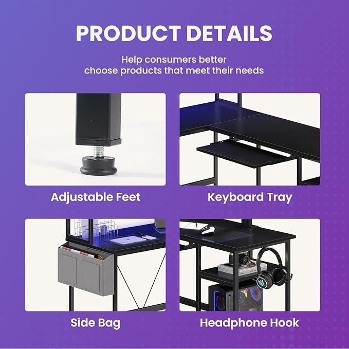 DUMOS L Shaped Gaming Desk 67” Reversible Computer Desks with Led Lights Corner Table with Keyboard Tray Side Bag Storage Shelf Metal Frame Wood Writing for Home Office Bedroom Black